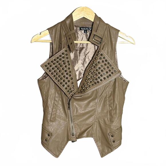 Double Zero Womens Studded Vest Sz Small Tan Faux Leather Bikercore - Picture 1 of 8
